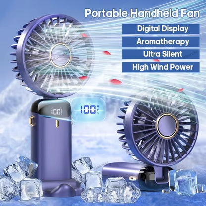 USB Handheld Mini Fan Foldable Portable Neck Hanging Fans 5 Speed Rechargeable Fan with Phone Stand and Display Screen